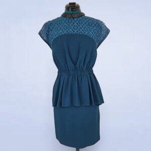 W118 by Walter Baker Teal Peplum Dress Lace and‎ Vegan Leather Trim - Size XS